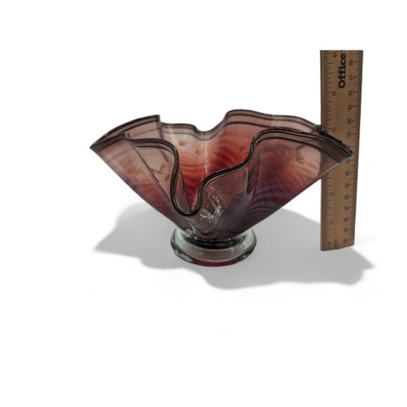 Daniel Reid Hand-Blown Glass Handkerchief Bowl 7" x 4" Tall Red and Gold Signed - Picture 5 of 13